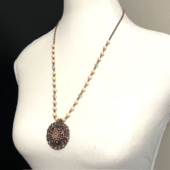 Peach Beads Copper Tone Chain Large Flower Pendant Boho Necklace - Picture 2 of 8